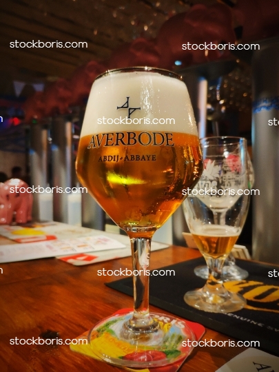 Averbode Belgian beer glass at Delirium Bar, Lisbon, 2018.