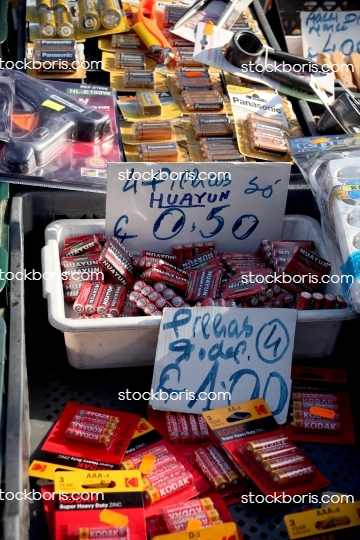 Batteries for sale at a market.