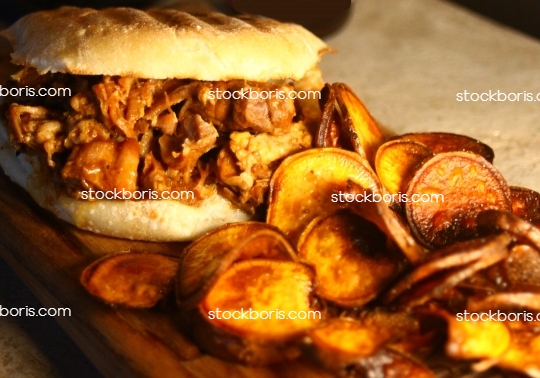 Pulled pork sandwich and sweet potato chips