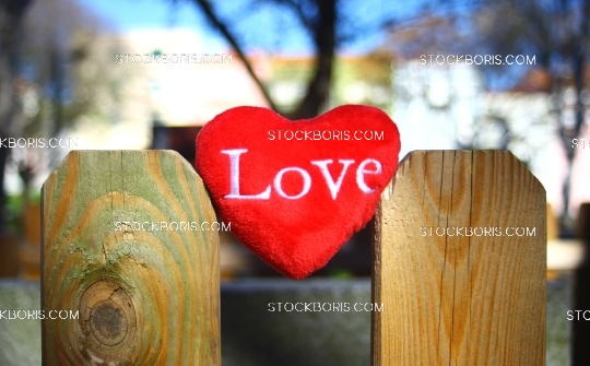 Red love heart plush between a wood fence.