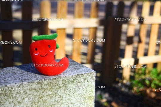 Red smiling pepper plush over a stone at a garden