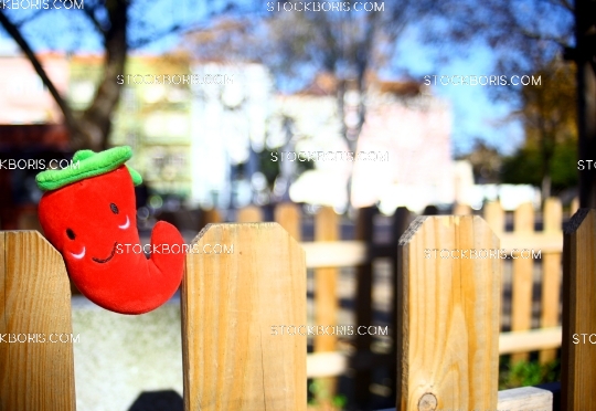 Smiling red pepper plush between a wood fence.