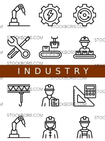 Industrial icons, factories, technicians, machinery.